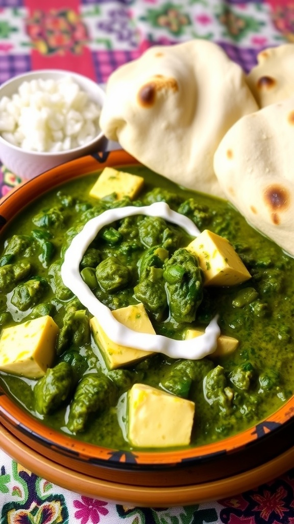 A serving of Palak Paneer with spinach sauce and paneer cheese, accompanied by naan and rice on a decorative table.